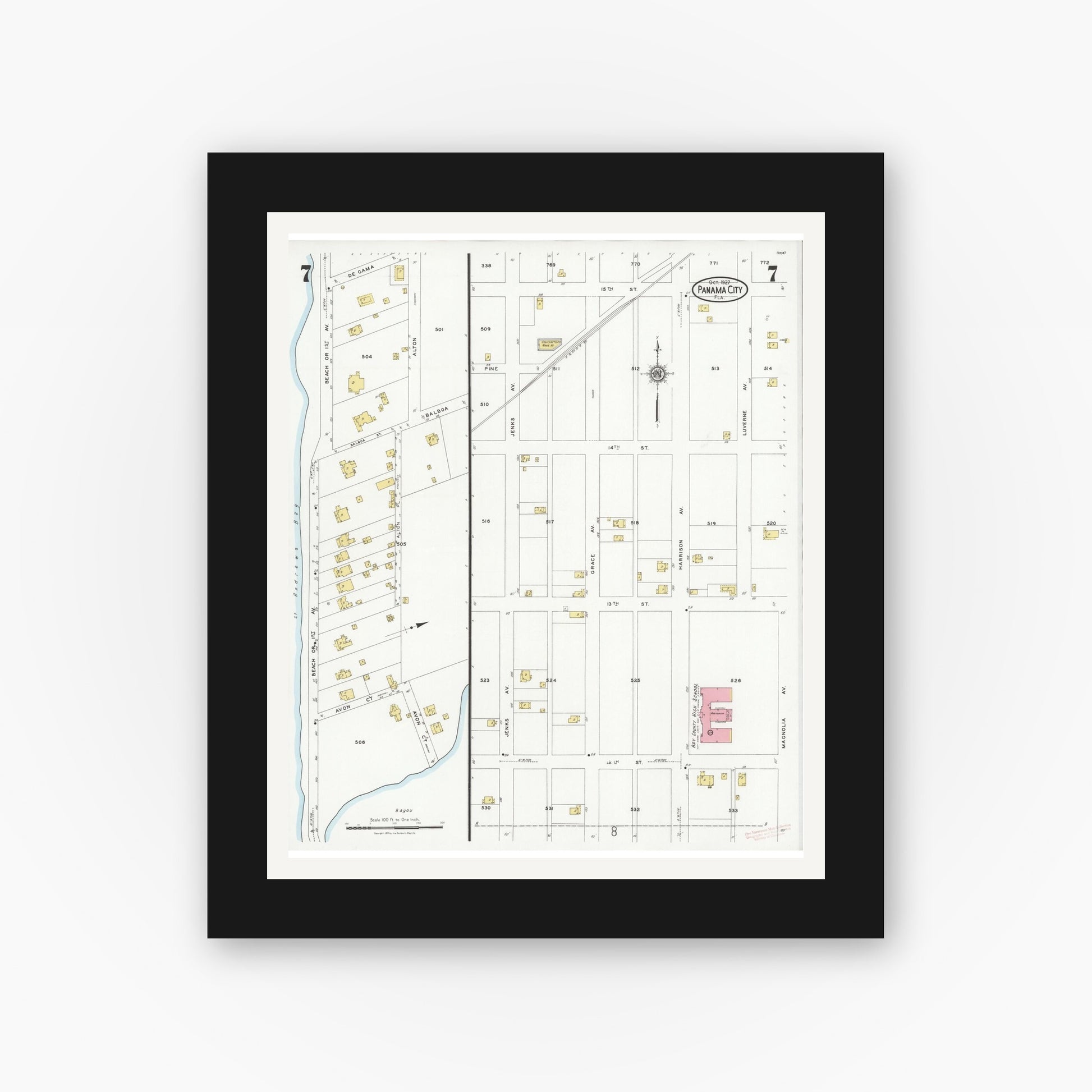 Old map wall art mockup — black gallery frame with white mat — Sanborn Fire Insurance Map from Panama City, Bay County, Florida (1927), Sheet #0007