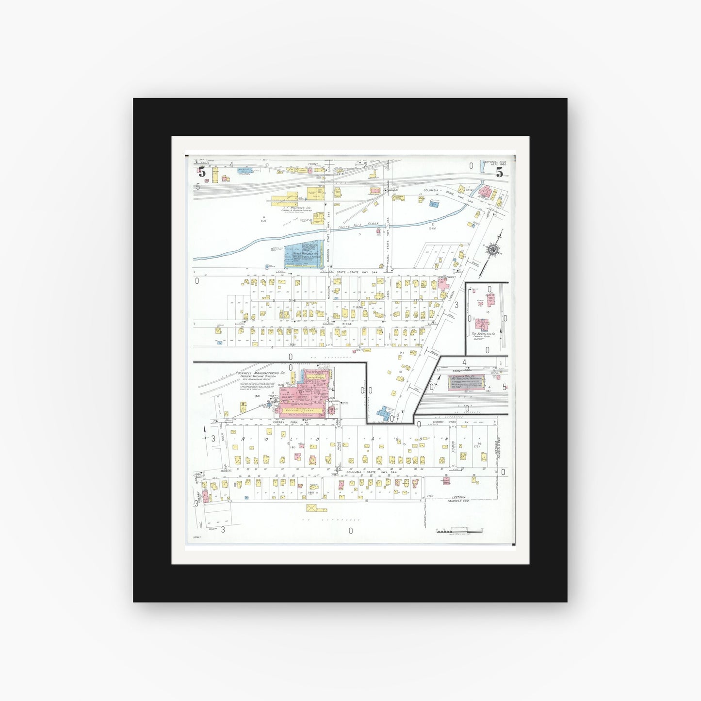 Old map wall art mockup — black gallery frame with white mat — Sanborn Fire Insurance Map from Leetonia, Columbiana County, Ohio (1950), Sheet #0005