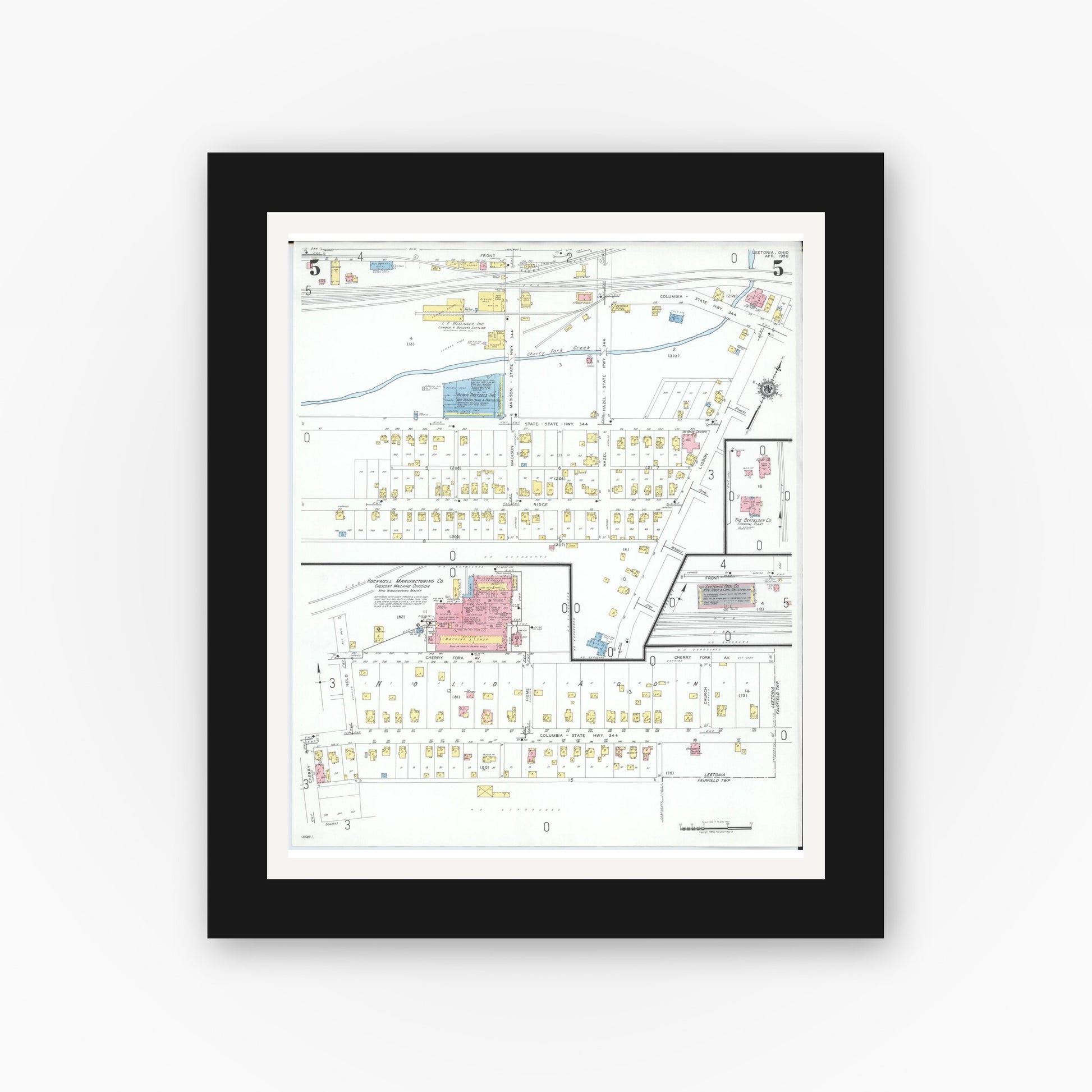 Old map wall art mockup — black gallery frame with white mat — Sanborn Fire Insurance Map from Leetonia, Columbiana County, Ohio (1950), Sheet #0005