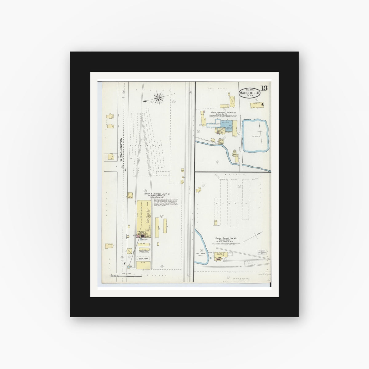 Old map wall art mockup — black gallery frame with white mat — Sanborn Fire Insurance Map from Marquette, Marquette County, Michigan (1892), Sheet #0013