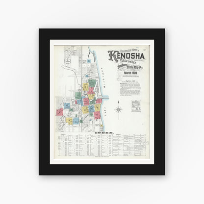 Old map wall art mockup — black gallery frame with white mat — Sanborn Fire Insurance Map from Kenosha, Kenosha County, Wisconsin (1900) - Complete Map Set