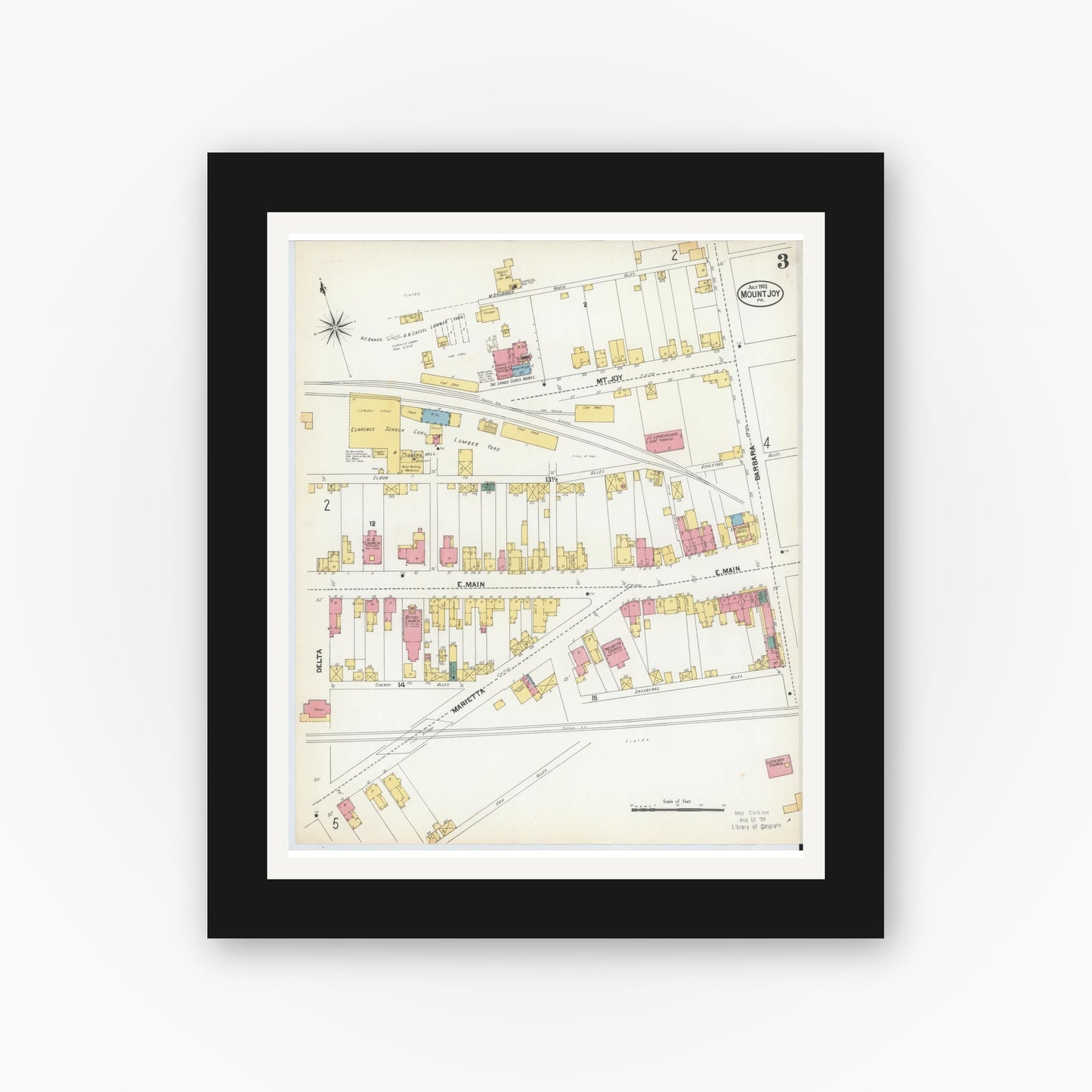 Old map wall art mockup — black gallery frame with white mat — Sanborn Fire Insurance Map from Mount Joy, Lancaster County, Pennsylvania (1902), Sheet #0003