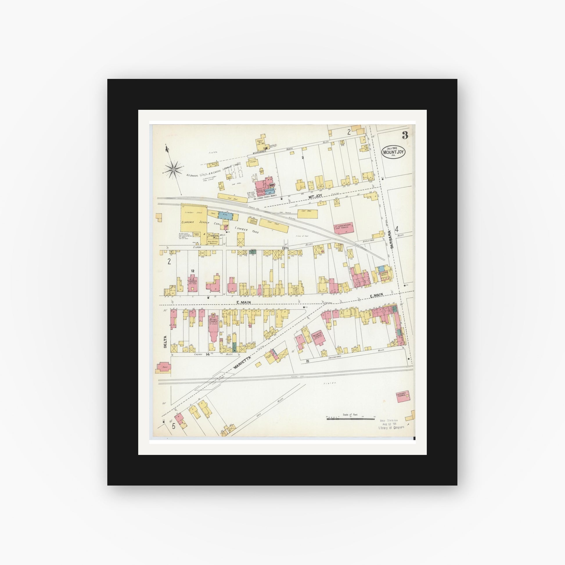 Old map wall art mockup — black gallery frame with white mat — Sanborn Fire Insurance Map from Mount Joy, Lancaster County, Pennsylvania (1902), Sheet #0003