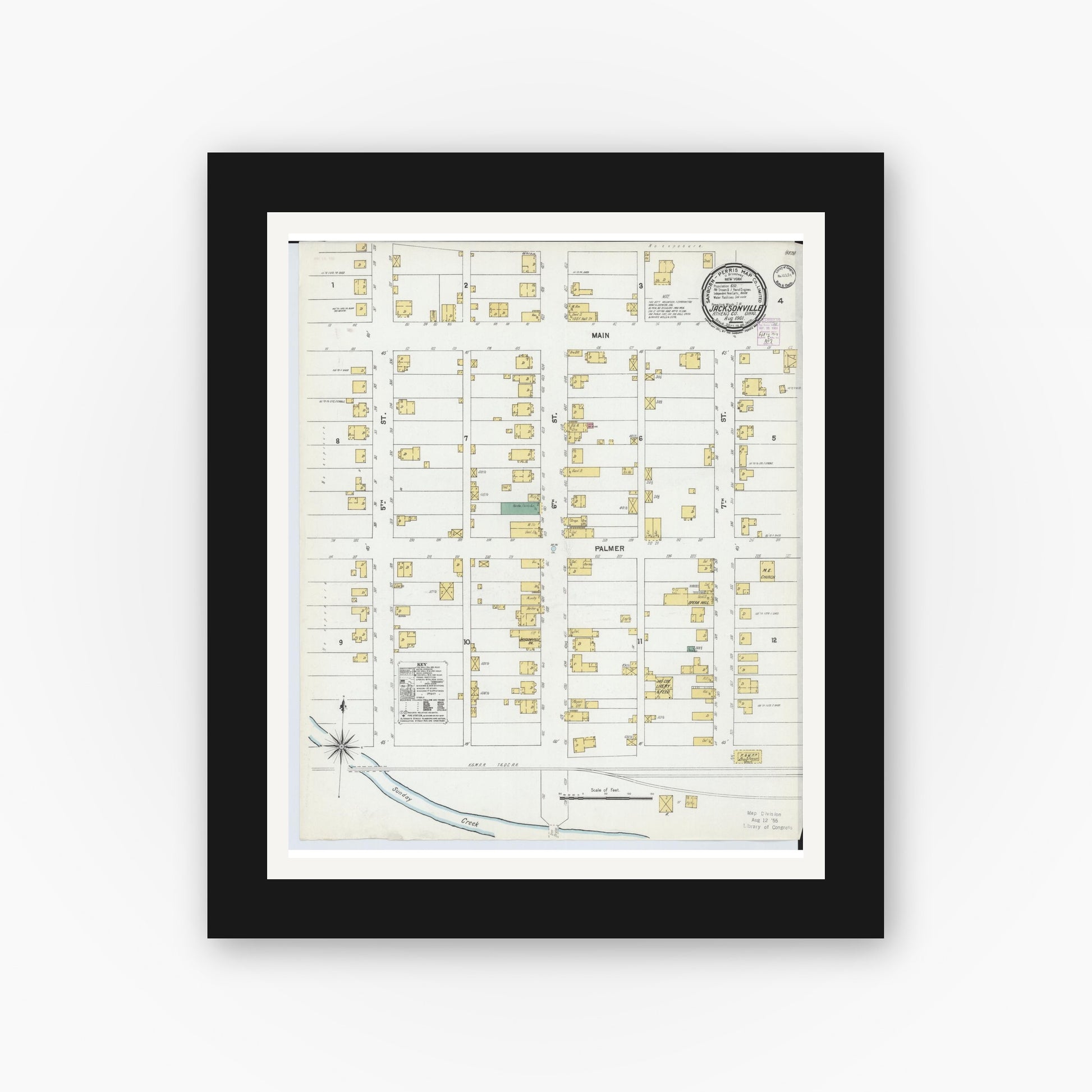 Old map wall art mockup — black gallery frame with white mat — Sanborn Fire Insurance Map from Jacksonville, Athens County, Ohio (1901), Sheet #0001