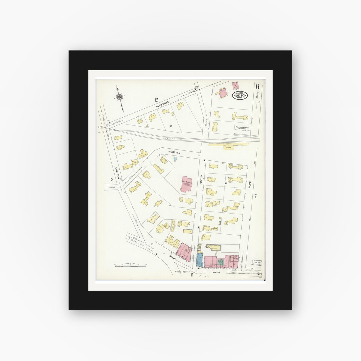Old map wall art mockup — black gallery frame with white mat — Sanborn Fire Insurance Map from Hudson, Middlesex County, Massachusetts (1909), Sheet #0006