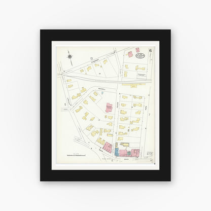 Old map wall art mockup — black gallery frame with white mat — Sanborn Fire Insurance Map from Hudson, Middlesex County, Massachusetts (1909), Sheet #0006