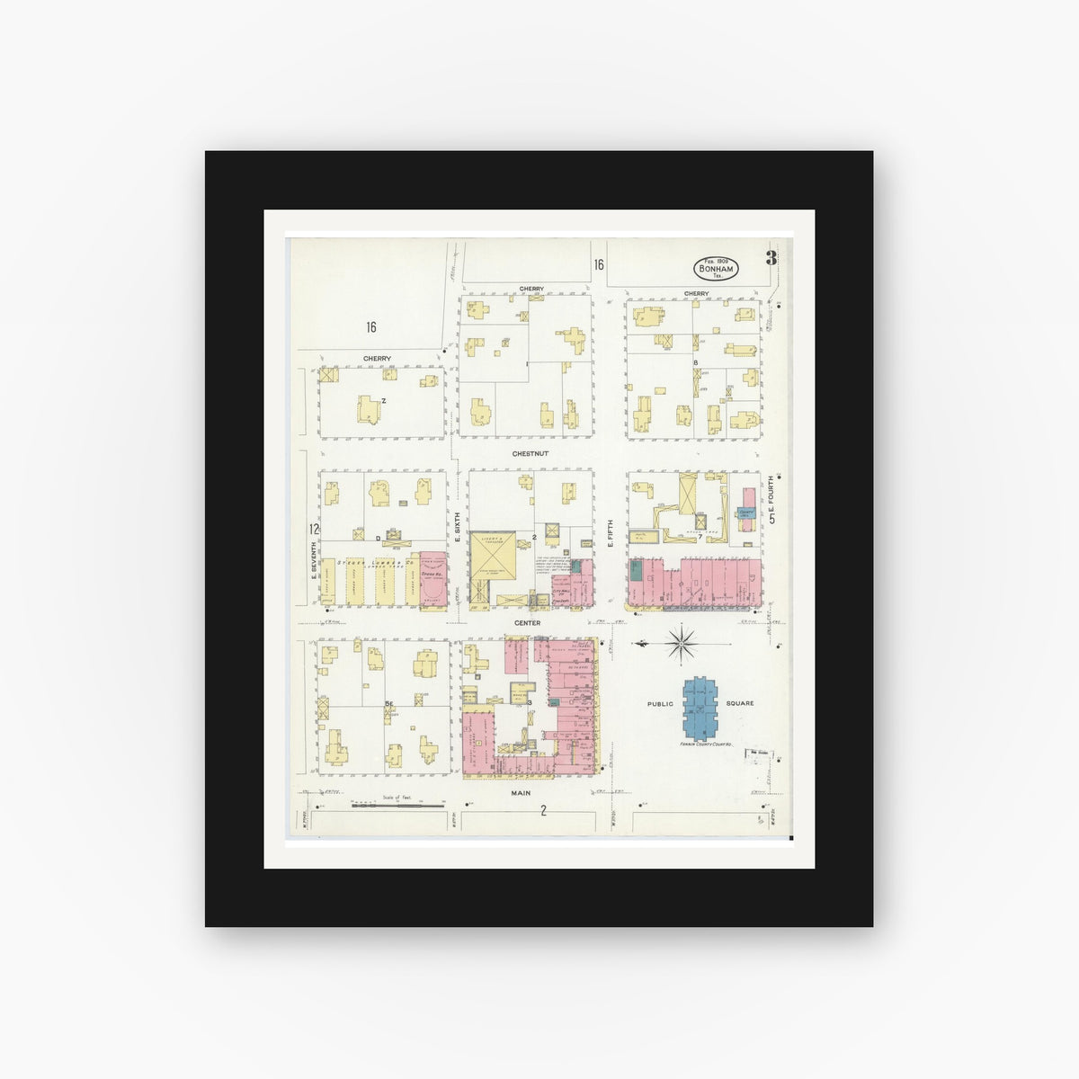 Old map wall art mockup — black gallery frame with white mat — Sanborn Fire Insurance Map from Bonham, Fannin County, Texas (1909), Sheet #0003