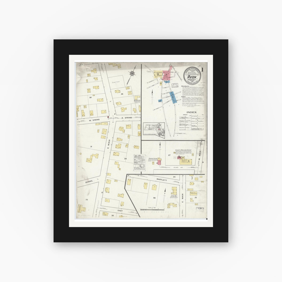 Old map wall art mockup — black gallery frame with white mat — Sanborn Fire Insurance Map from Avon, Norfolk County, Massachusetts (1916) - Complete Map Set