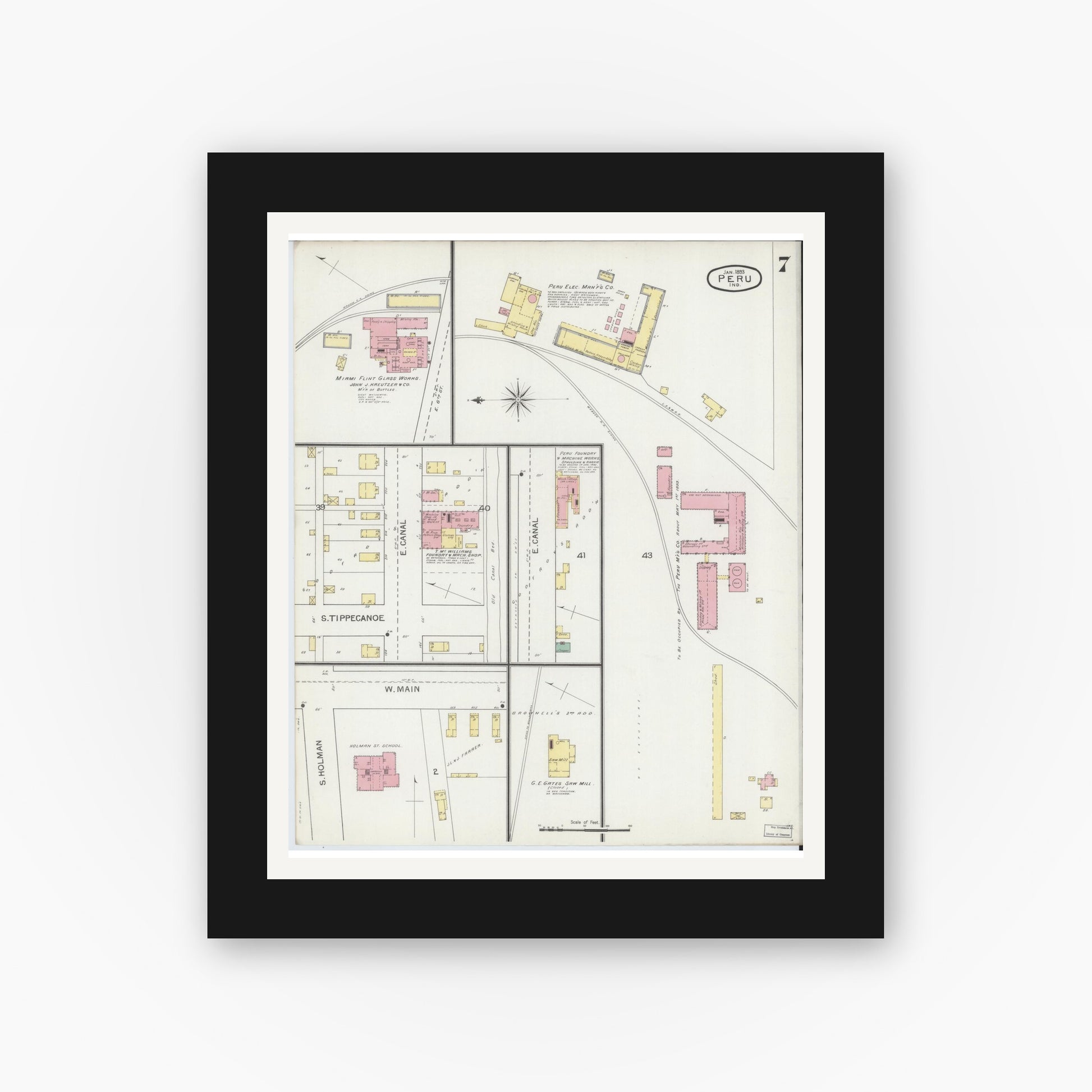 Old map wall art mockup — black gallery frame with white mat — Sanborn Fire Insurance Map from Peru, Miami County, Indiana (1893), Sheet #0007