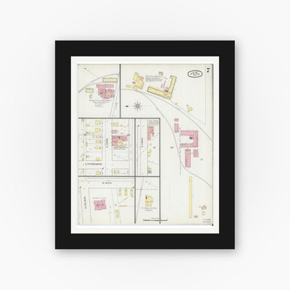 Old map wall art mockup — black gallery frame with white mat — Sanborn Fire Insurance Map from Peru, Miami County, Indiana (1893), Sheet #0007