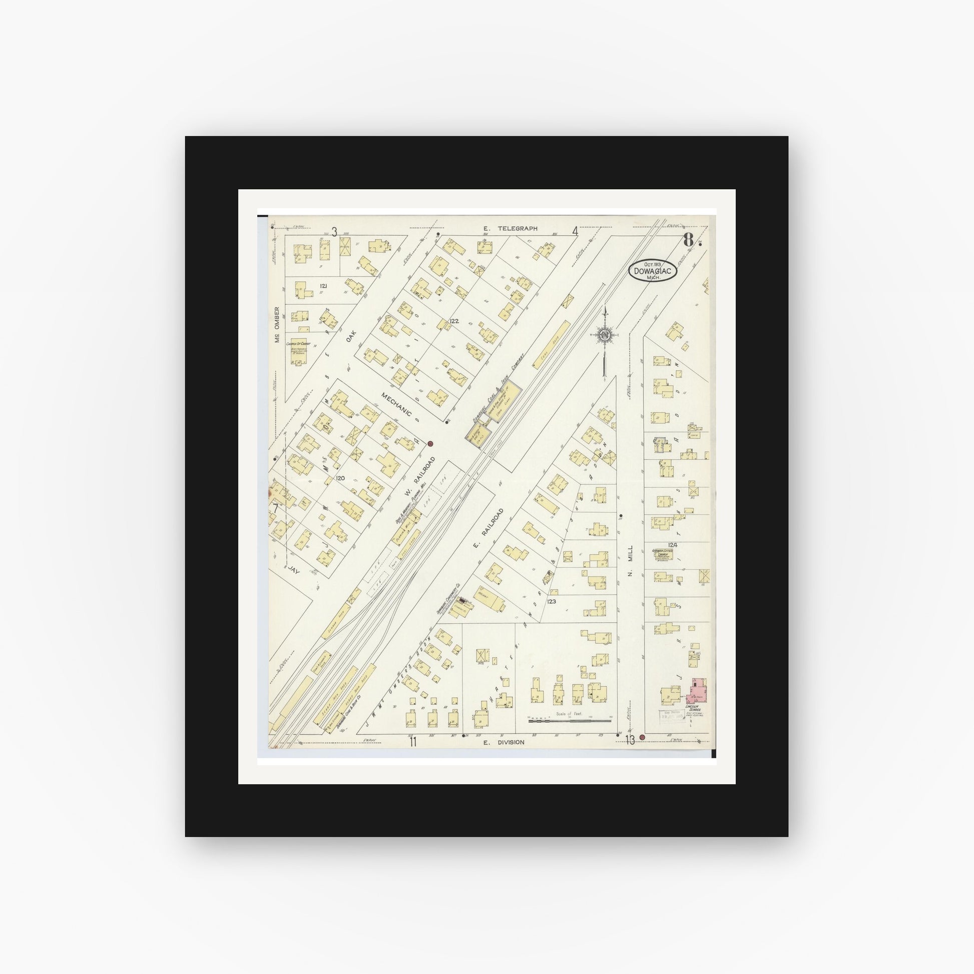 Old map wall art mockup — black gallery frame with white mat — Sanborn Fire Insurance Map from Dowagiac, Cass County, Michigan (1913), Sheet #0008