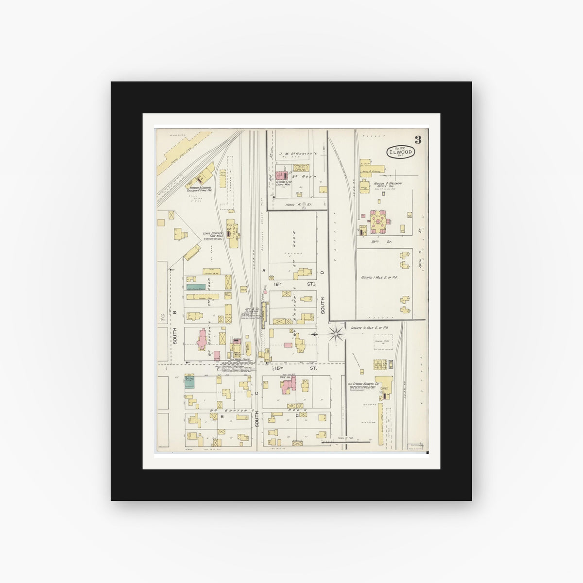 Old map wall art mockup — black gallery frame with white mat — Sanborn Fire Insurance Map from Elwood, Madison County, Indiana (1892), Sheet #0003