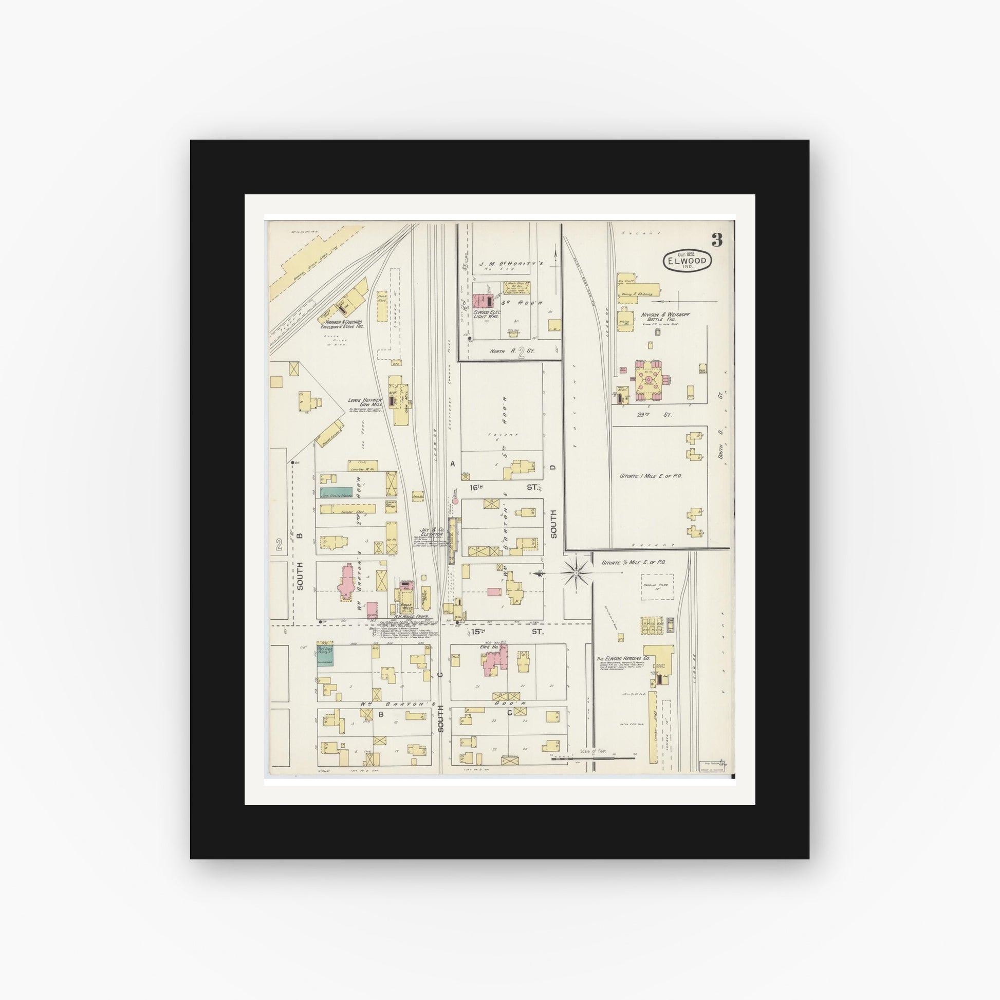 Old map wall art mockup — black gallery frame with white mat — Sanborn Fire Insurance Map from Elwood, Madison County, Indiana (1892), Sheet #0003