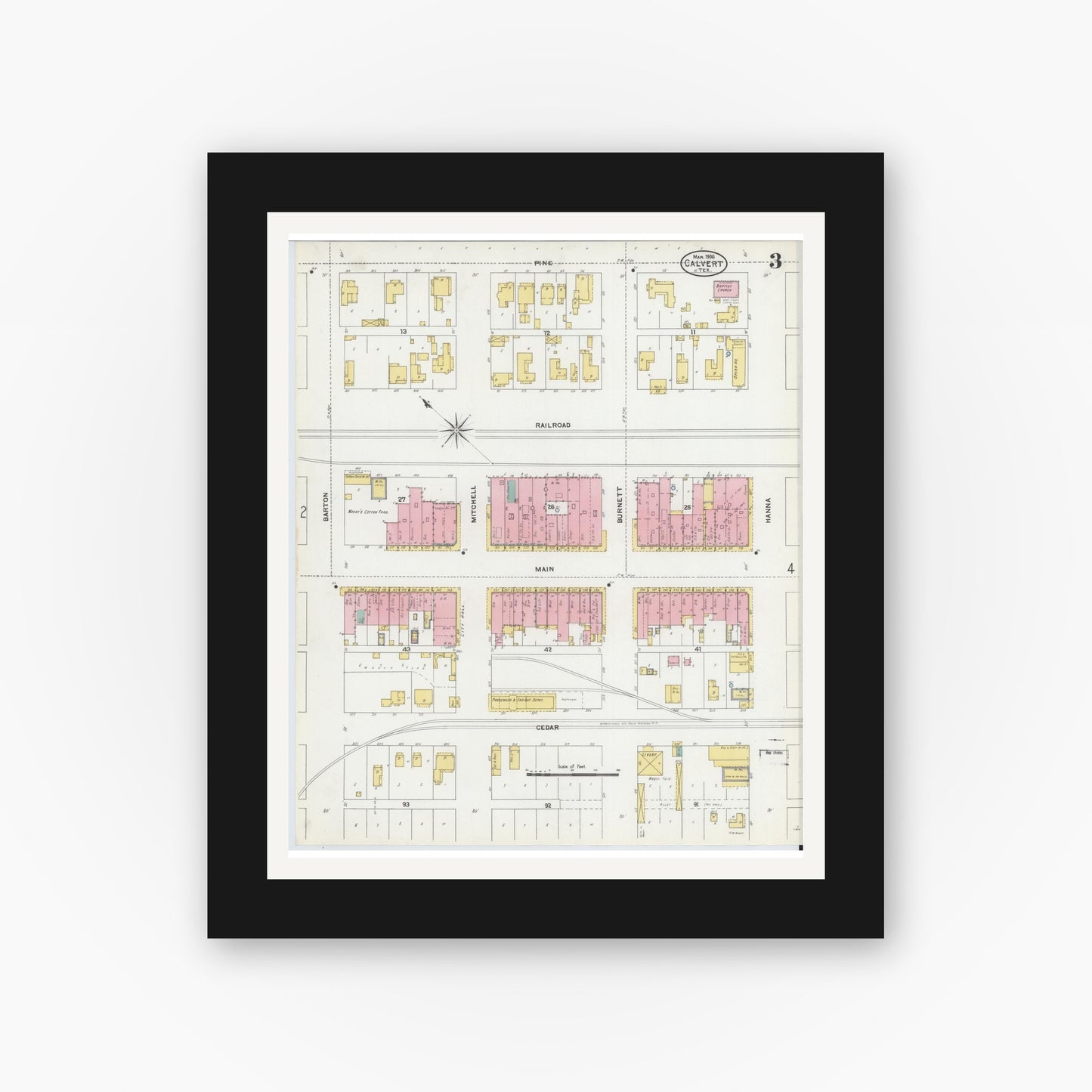 Old map wall art mockup — black gallery frame with white mat — Sanborn Fire Insurance Map from Calvert, Robertson County, Texas (1906), Sheet #0003