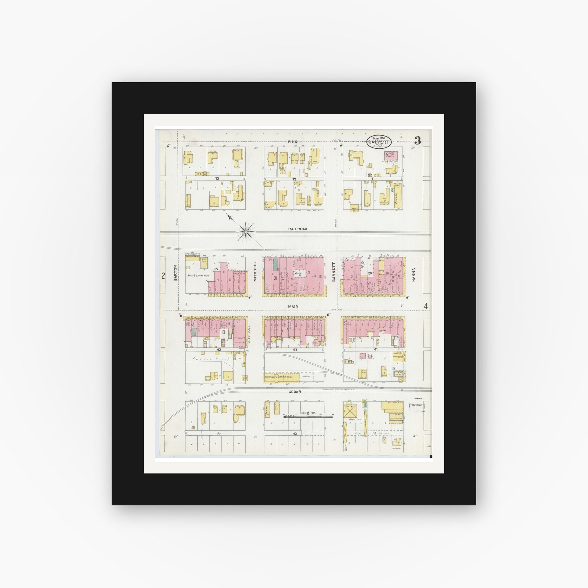 Old map wall art mockup — black gallery frame with white mat — Sanborn Fire Insurance Map from Calvert, Robertson County, Texas (1906), Sheet #0003