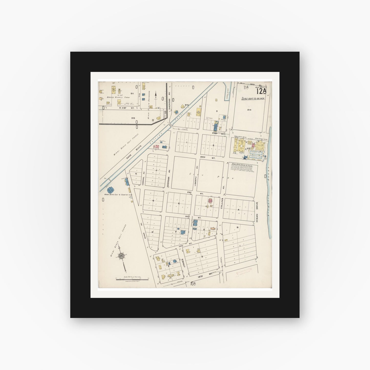 Old map wall art mockup — black gallery frame with white mat — Sanborn Fire Insurance Map from Miami Beach, Dade County, Florida (1921), Sheet #0012