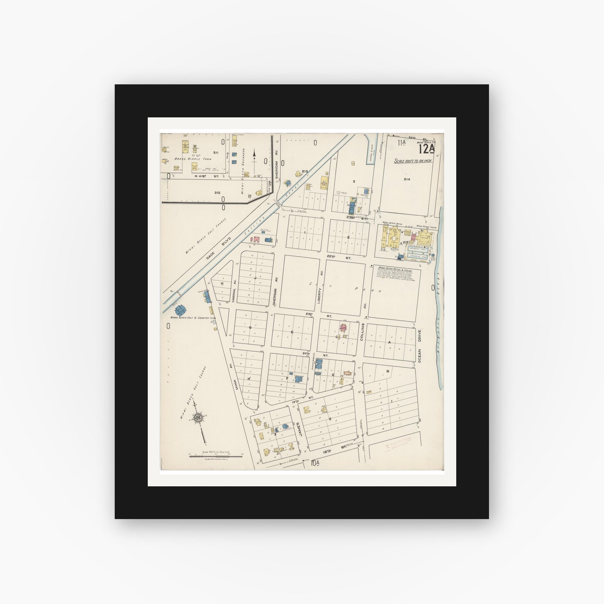 Old map wall art mockup — black gallery frame with white mat — Sanborn Fire Insurance Map from Miami Beach, Dade County, Florida (1921), Sheet #0012