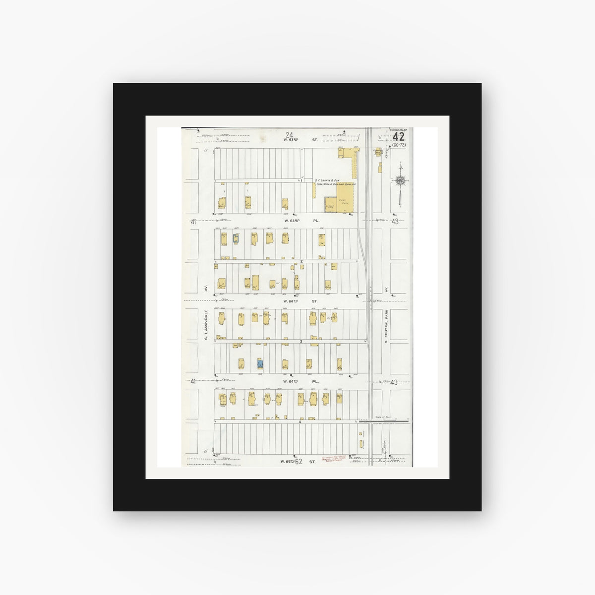 Old map wall art mockup — black gallery frame with white mat — Sanborn Fire Insurance Map from Chicago, Cook County, Illinois (1920), Sheet #0042