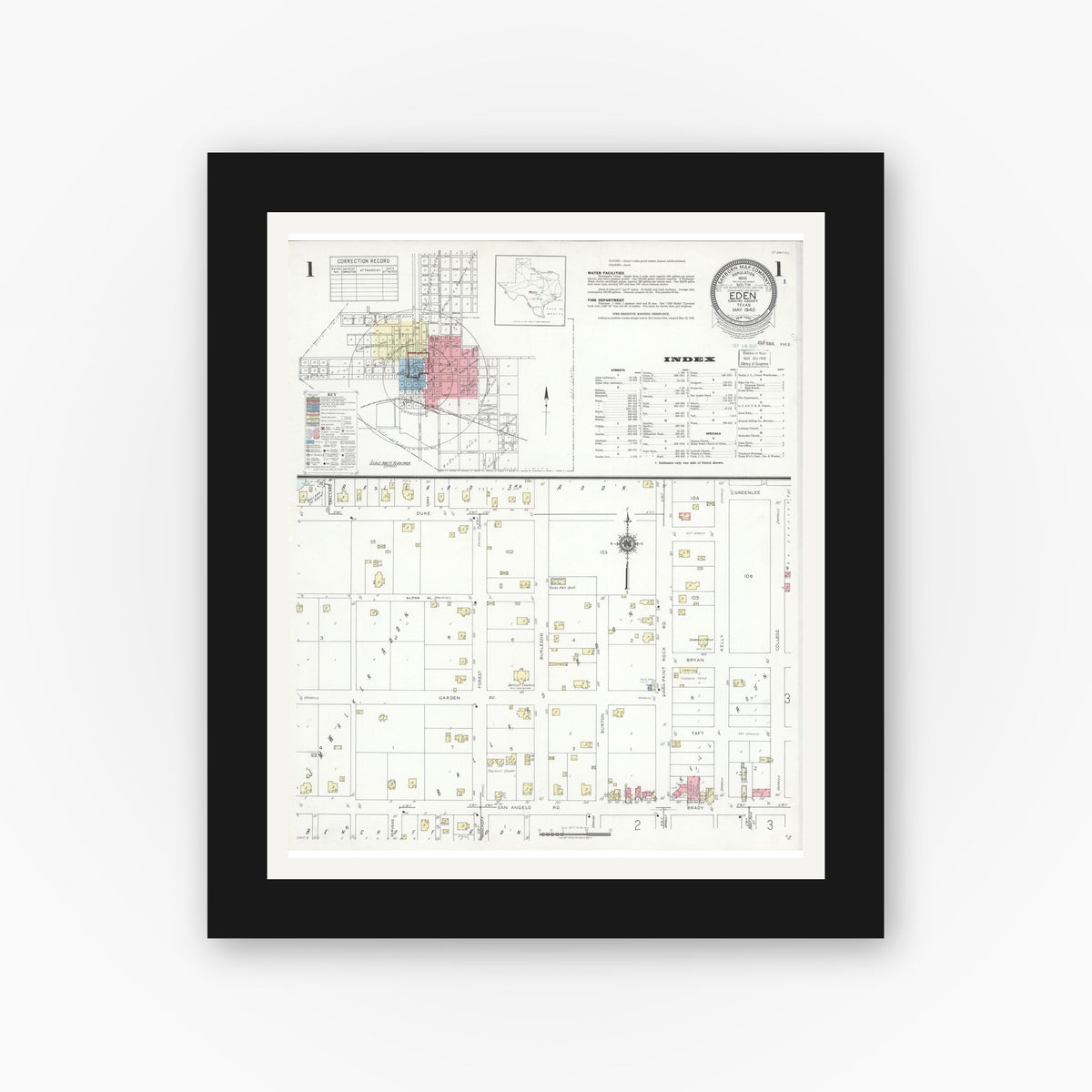 Old map wall art mockup — black gallery frame with white mat — Sanborn Fire Insurance Map from Eden, Concho County, Texas (1940) - Complete Map Set