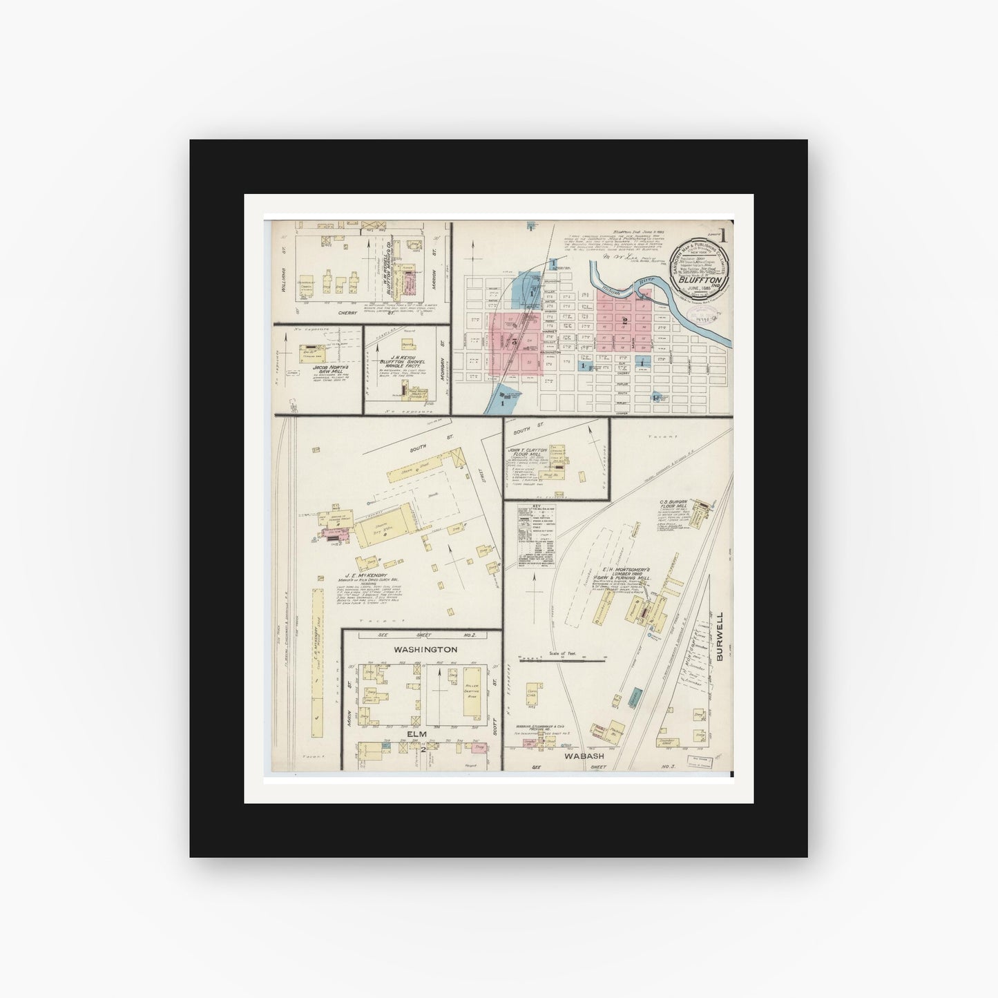 Old map wall art mockup — black gallery frame with white mat — Sanborn Fire Insurance Map from Bluffton, Wells County, Indiana (1885) - Complete Map Set