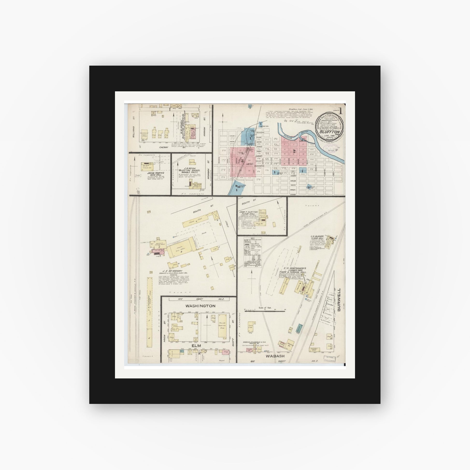 Old map wall art mockup — black gallery frame with white mat — Sanborn Fire Insurance Map from Bluffton, Wells County, Indiana (1885) - Complete Map Set