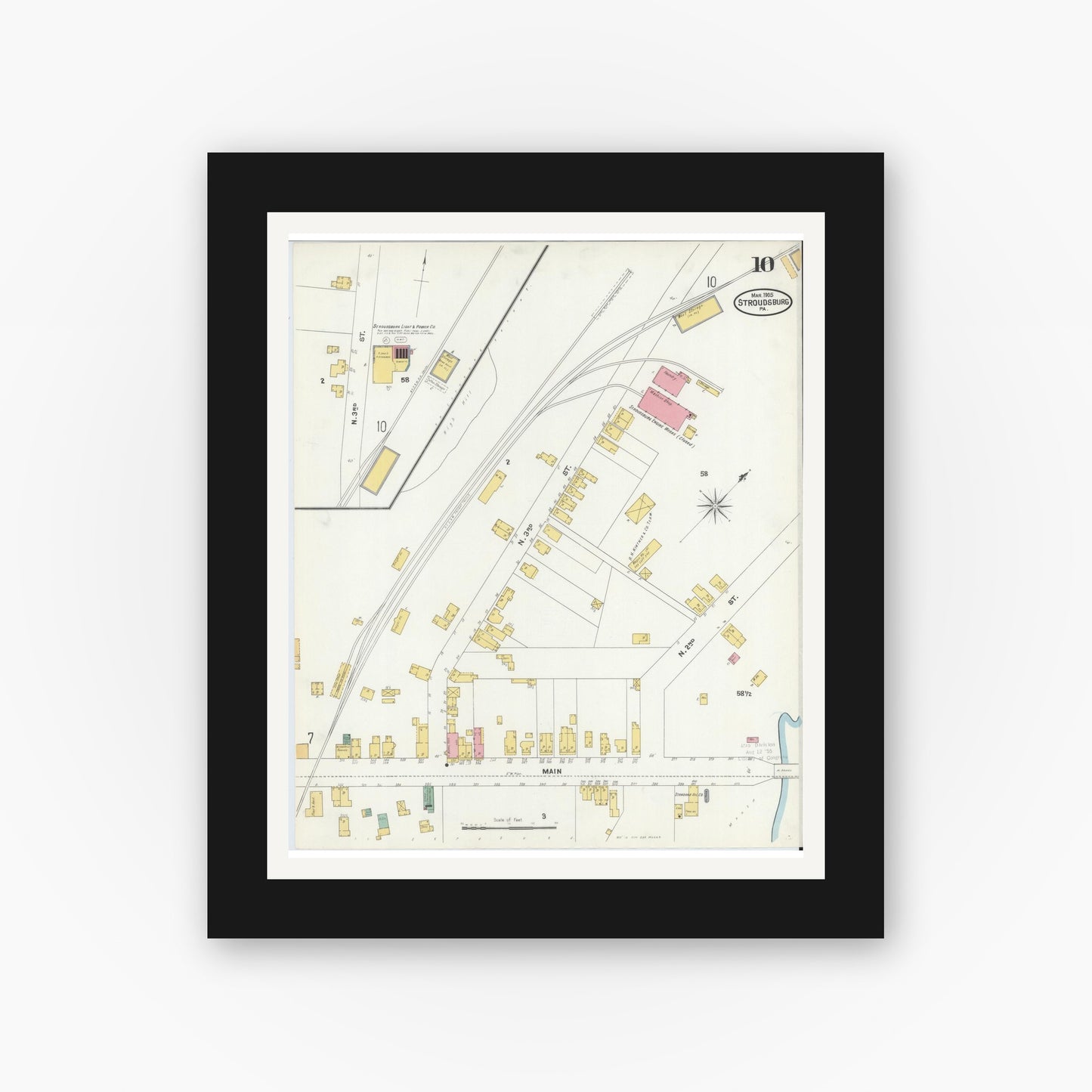 Old map wall art mockup — black gallery frame with white mat — Sanborn Fire Insurance Map from Stroudsburg, Monroe County, Pennsylvania (1905), Sheet #0010