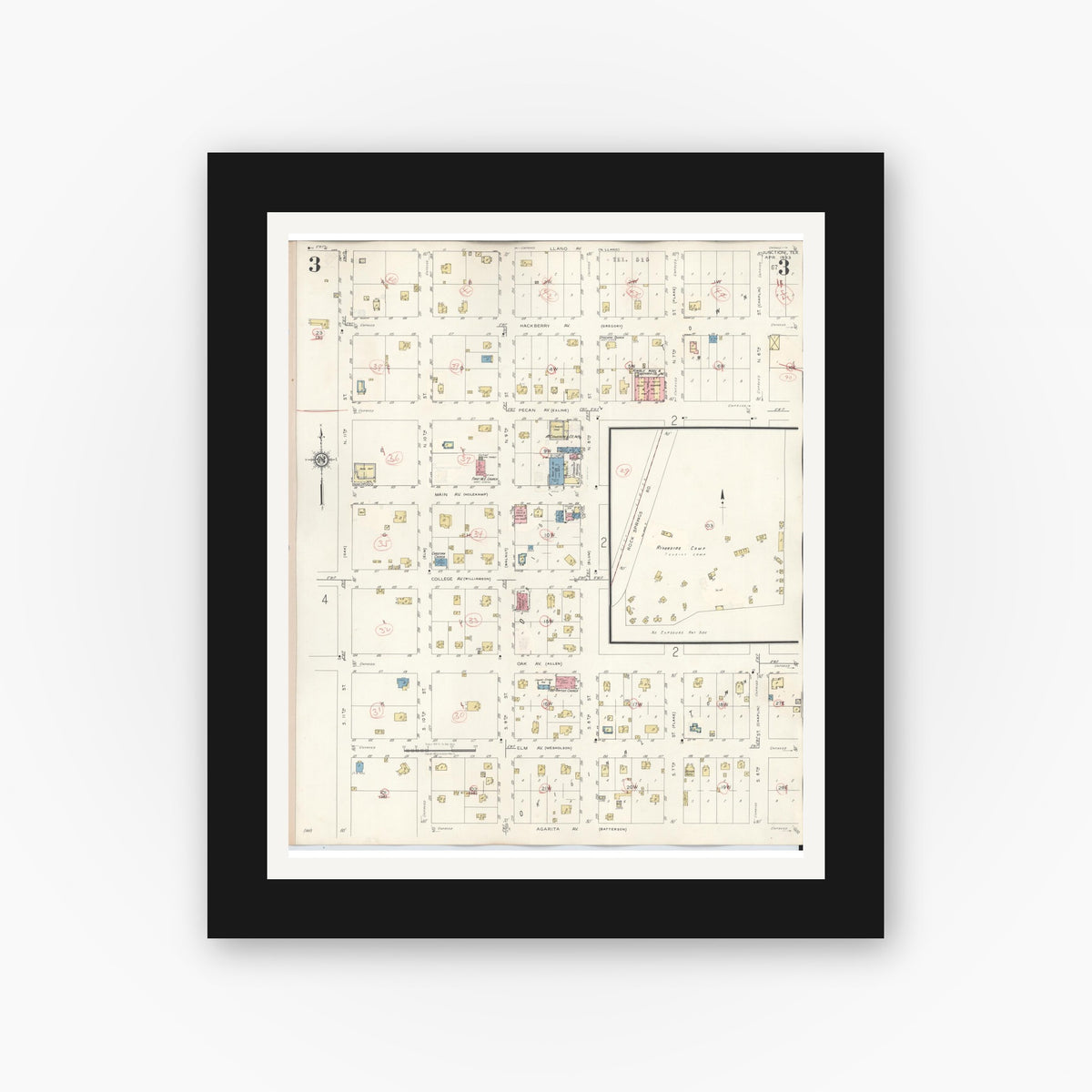 Old map wall art mockup — black gallery frame with white mat — Sanborn Fire Insurance Map from Junction, Kimble County, Texas (1942), Sheet #0003