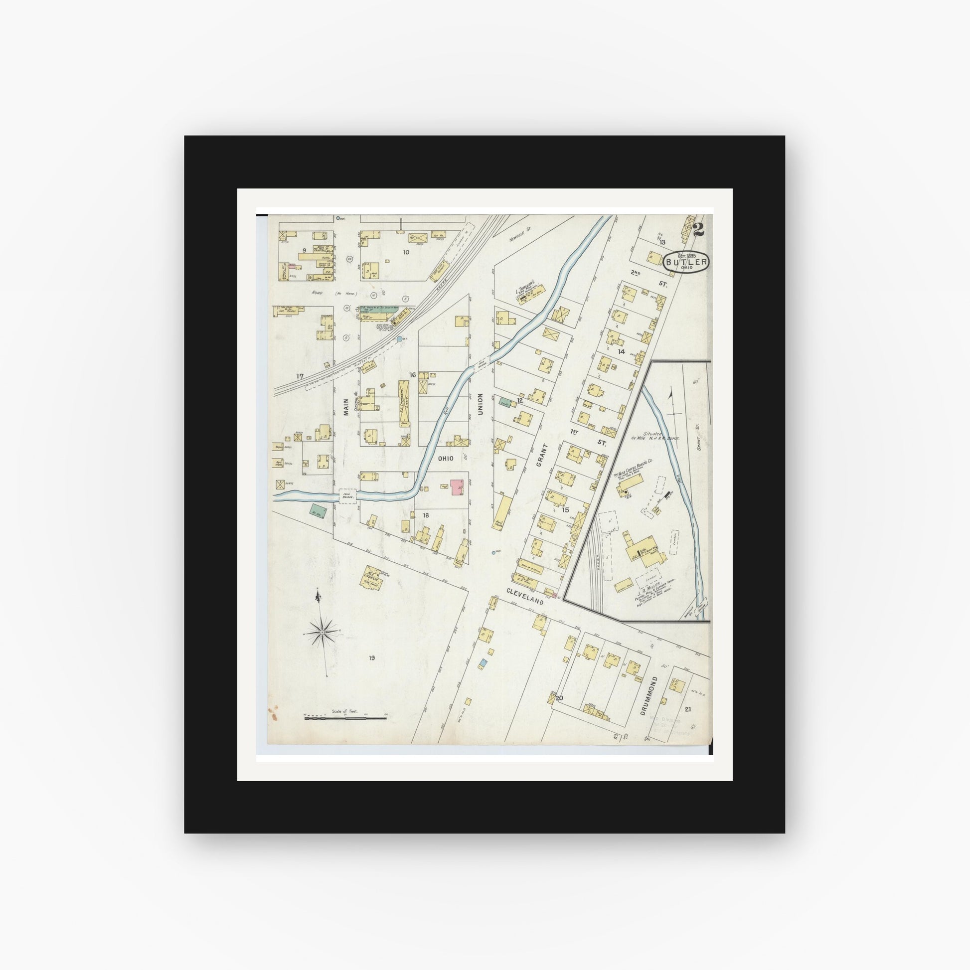 Old map wall art mockup — black gallery frame with white mat — Sanborn Fire Insurance Map from Butler, Richland County, Ohio (1885), Sheet #0002