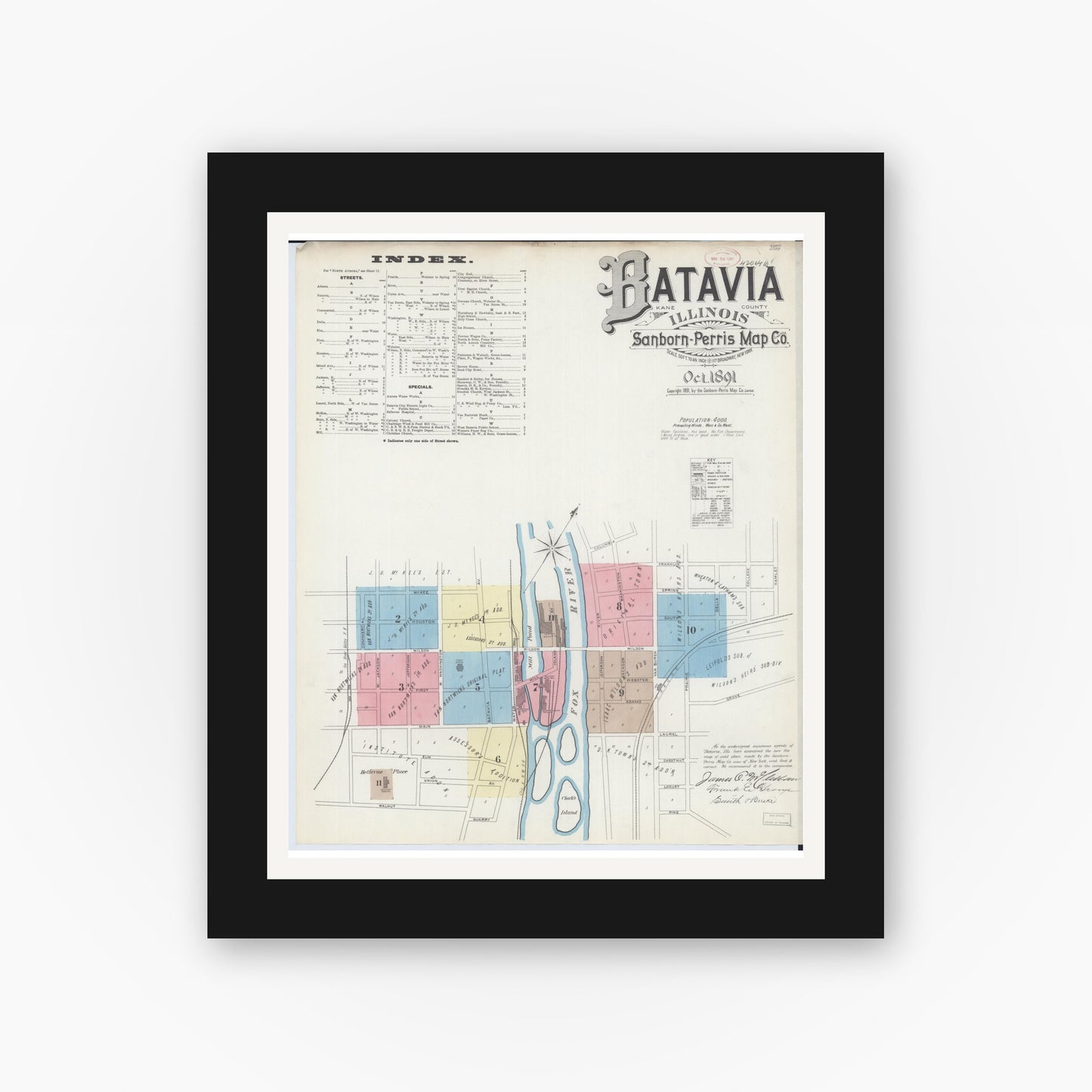 Old map wall art mockup — black gallery frame with white mat — Sanborn Fire Insurance Map from Batavia, Kane County, Illinois (1891), Sheet #0001