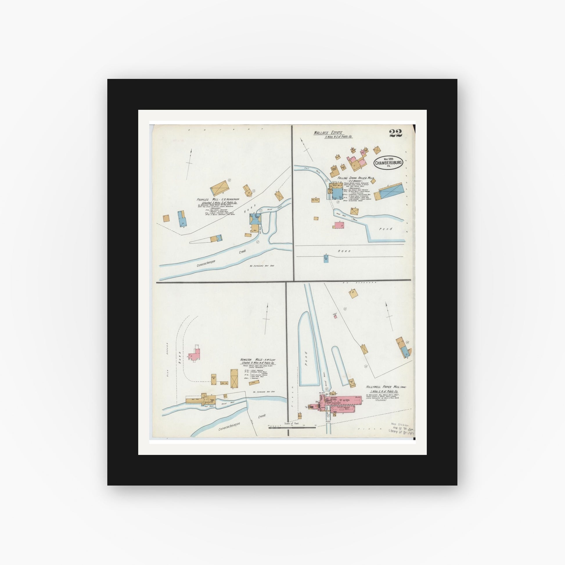 Old map wall art mockup — black gallery frame with white mat — Sanborn Fire Insurance Map from Chambersburg, Franklin County, Pennsylvania (1899), Sheet #0022