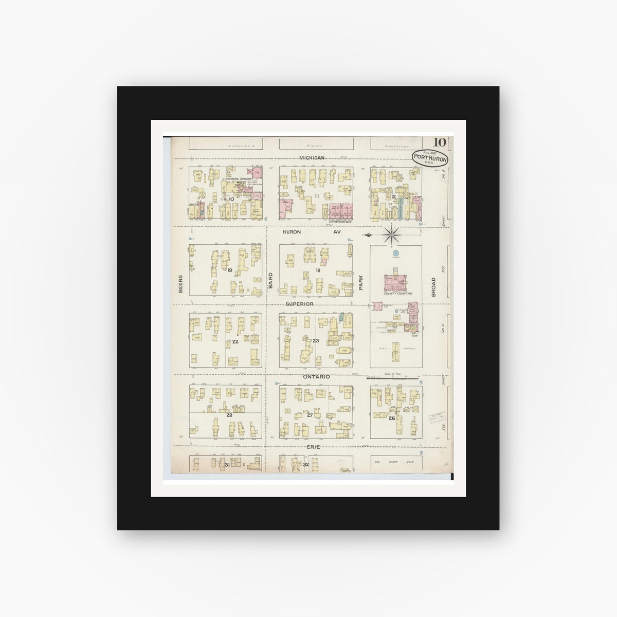 Old map wall art mockup — black gallery frame with white mat — Sanborn Fire Insurance Map from Port Huron, Saint Clair County, Michigan (1887), Sheet #0010