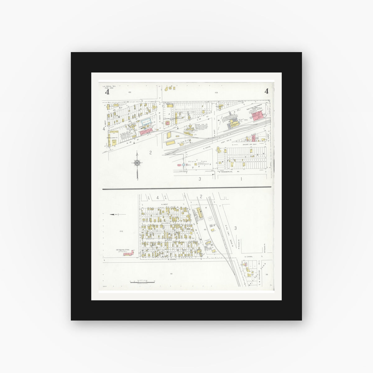 Old map wall art mockup — black gallery frame with white mat — Sanborn Fire Insurance Map from La Feria, Cameron County, Texas (1936), Sheet #0004