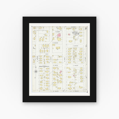Old map wall art mockup — black gallery frame with white mat — Sanborn Fire Insurance Map from Bloomington, McLean County, Illinois (1896), Sheet #0002