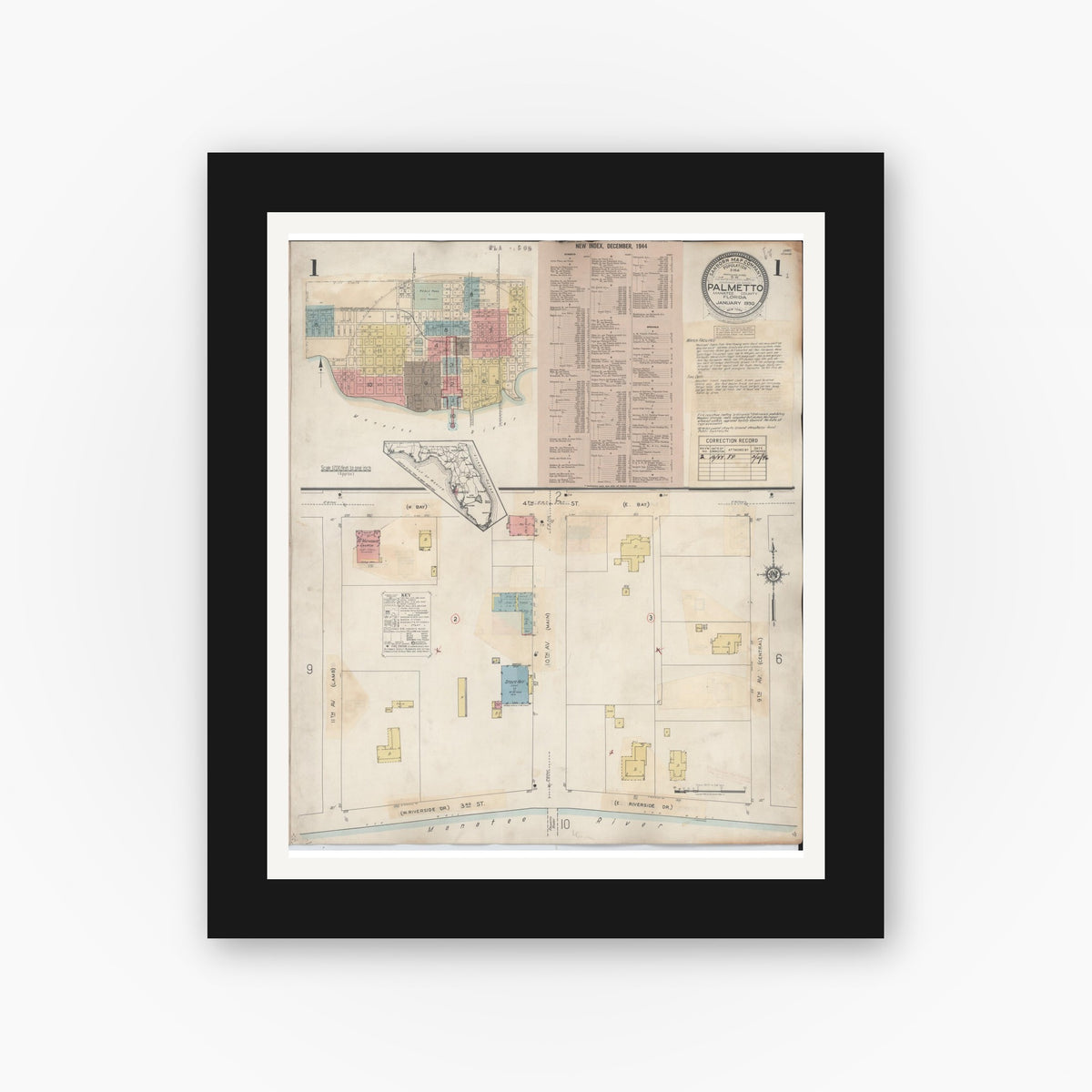 Old map wall art mockup — black gallery frame with white mat — Sanborn Fire Insurance Map from Palmetto, Manatee County, Florida (1944) - Complete Map Set