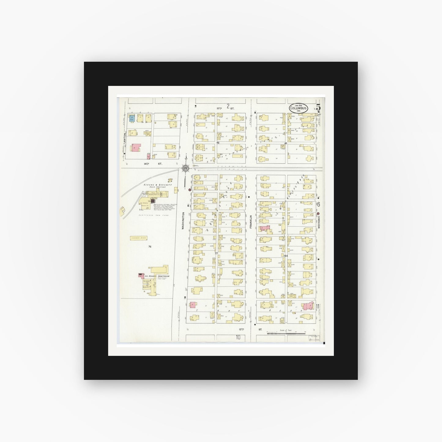 Old map wall art mockup — black gallery frame with white mat — Sanborn Fire Insurance Map from Columbus, Bartholomew County, Indiana (1912), Sheet #0005