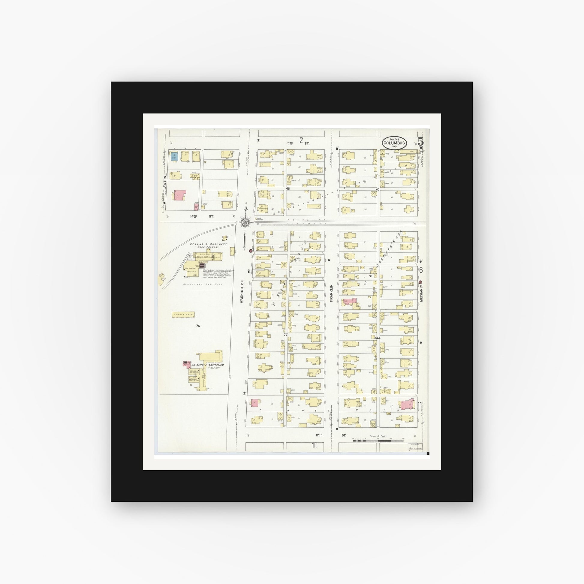 Old map wall art mockup — black gallery frame with white mat — Sanborn Fire Insurance Map from Columbus, Bartholomew County, Indiana (1912), Sheet #0005
