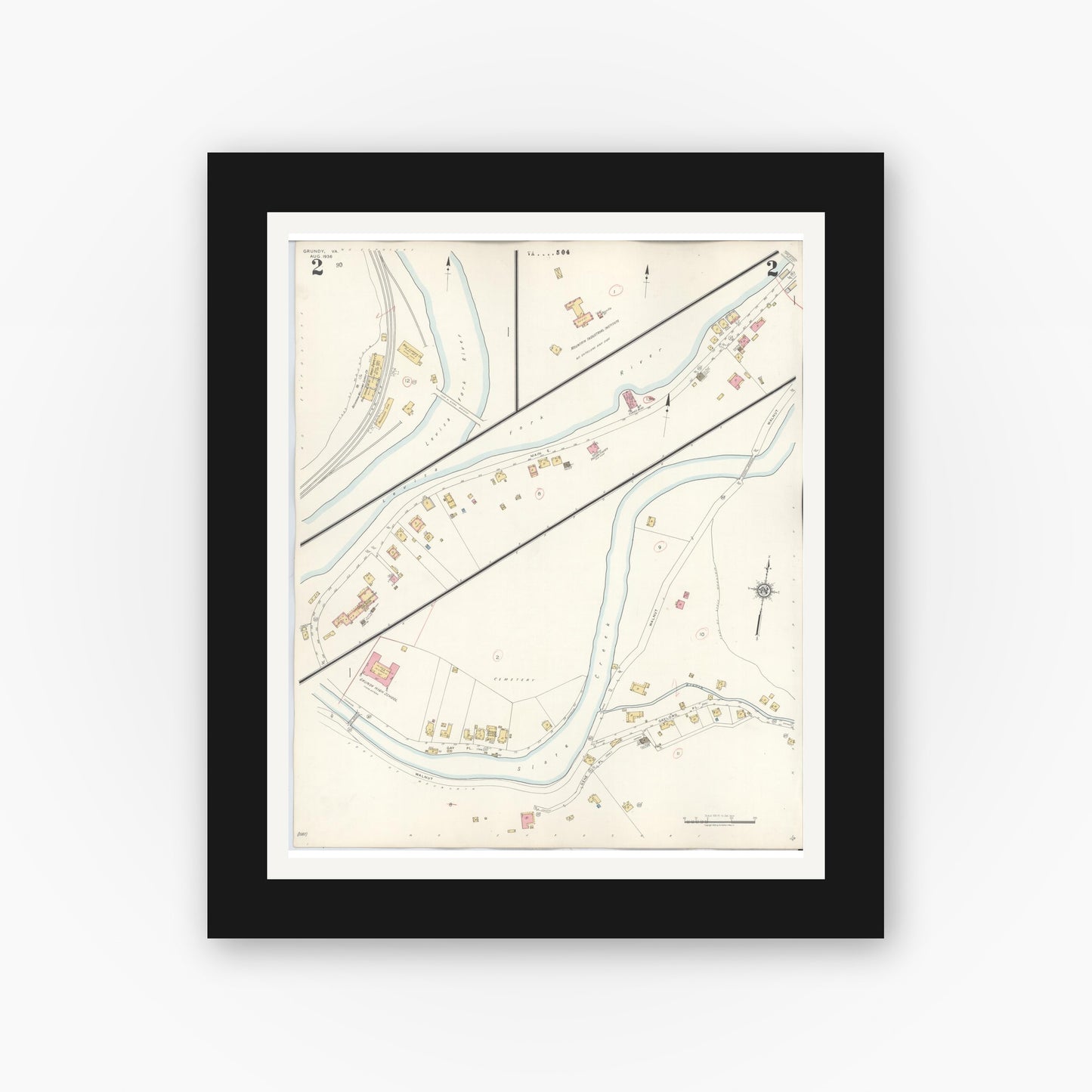 Old map wall art mockup — black gallery frame with white mat — Sanborn Fire Insurance Map from Grundy, Buchanan County, Virginia (1936), Sheet #0002
