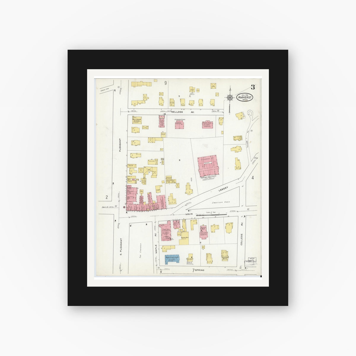 Old map wall art mockup — black gallery frame with white mat — Sanborn Fire Insurance Map from Amherst, Hampshire County, Massachusetts (1916), Sheet #0003