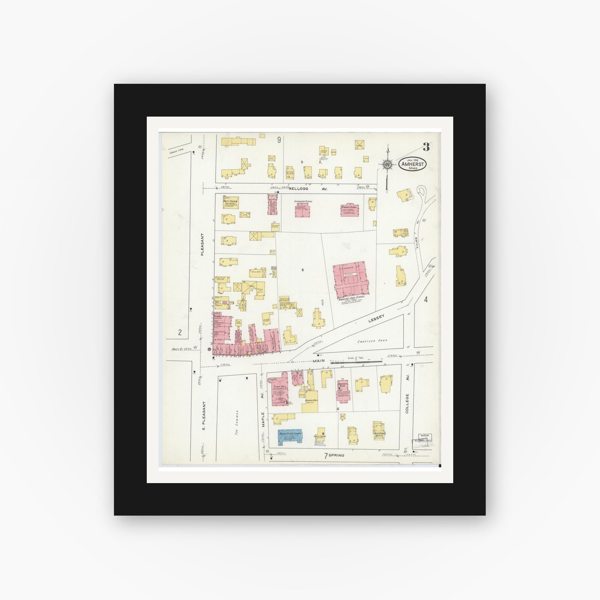 Old map wall art mockup — black gallery frame with white mat — Sanborn Fire Insurance Map from Amherst, Hampshire County, Massachusetts (1916), Sheet #0003