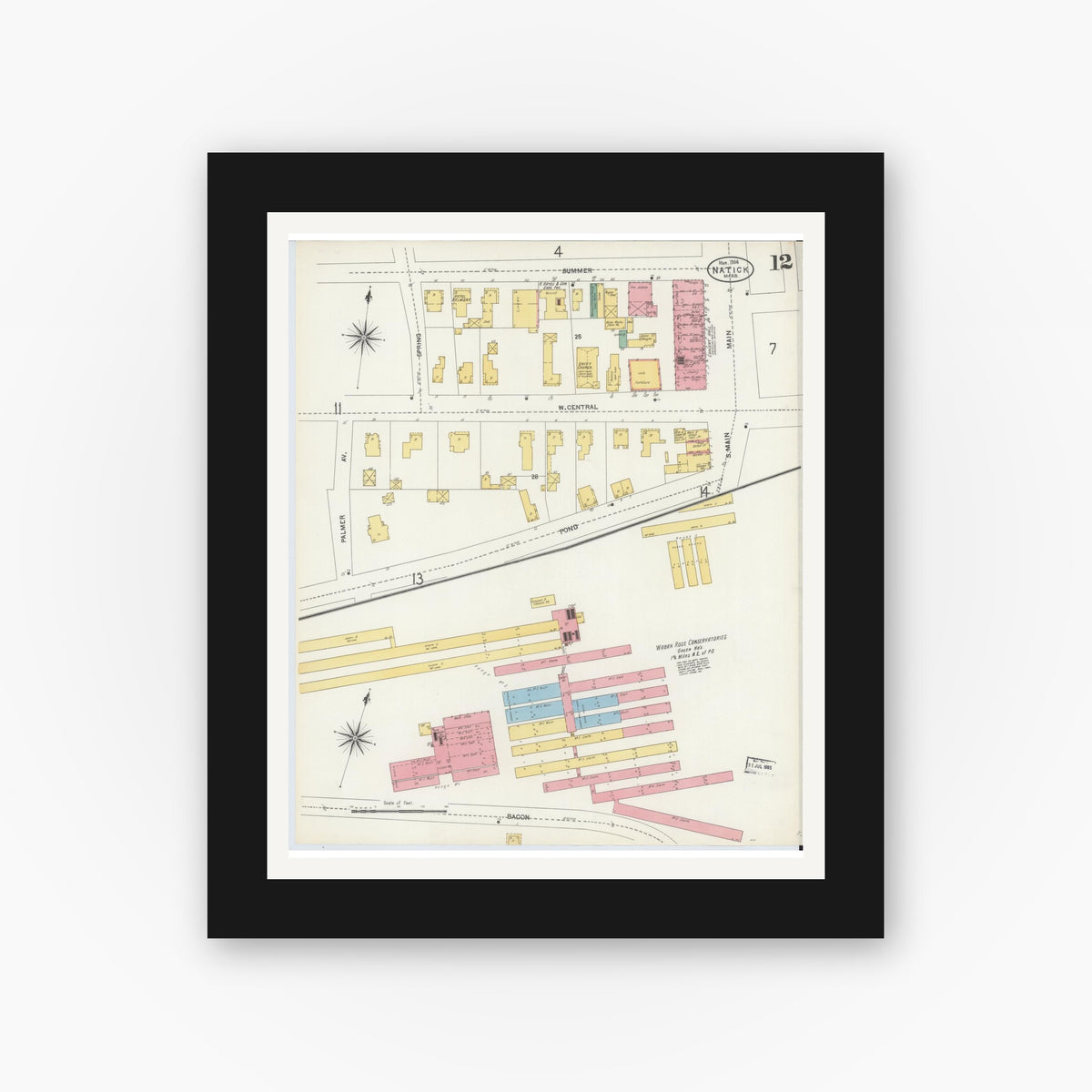 Old map wall art mockup — black gallery frame with white mat — Sanborn Fire Insurance Map from Natick, Middlesex County, Massachusetts (1904), Sheet #0012
