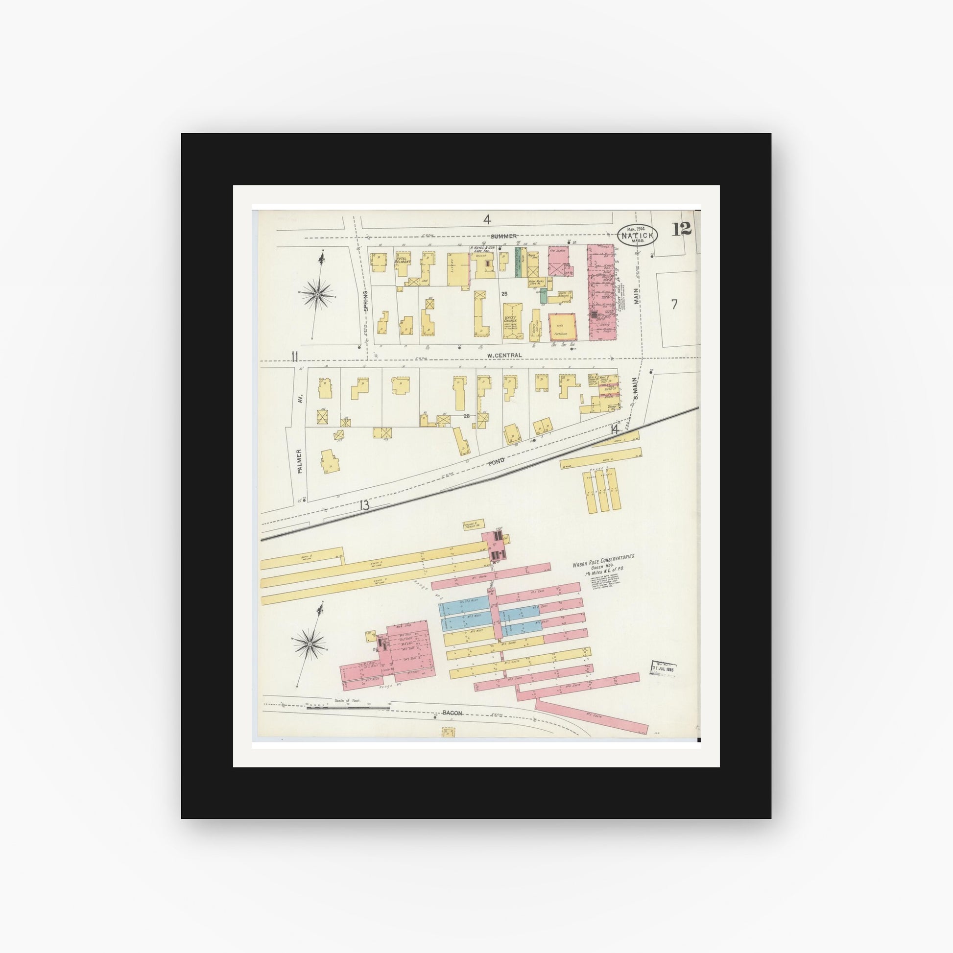 Old map wall art mockup — black gallery frame with white mat — Sanborn Fire Insurance Map from Natick, Middlesex County, Massachusetts (1904), Sheet #0012