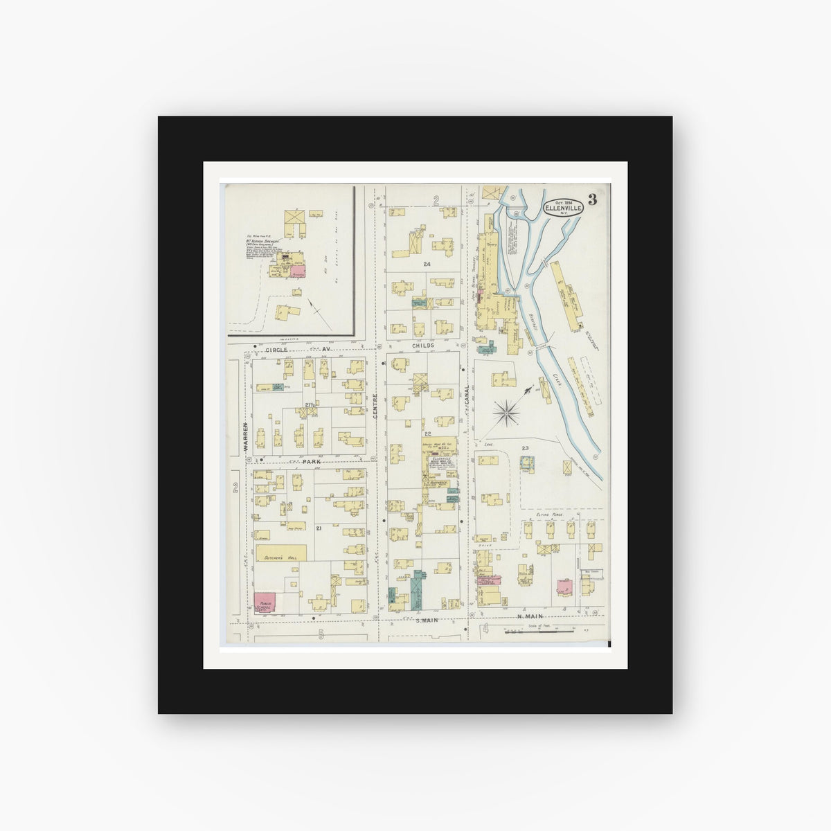 Old map wall art mockup — black gallery frame with white mat — Sanborn Fire Insurance Map from Ellenville, Ulster County, New York (1894), Sheet #0003