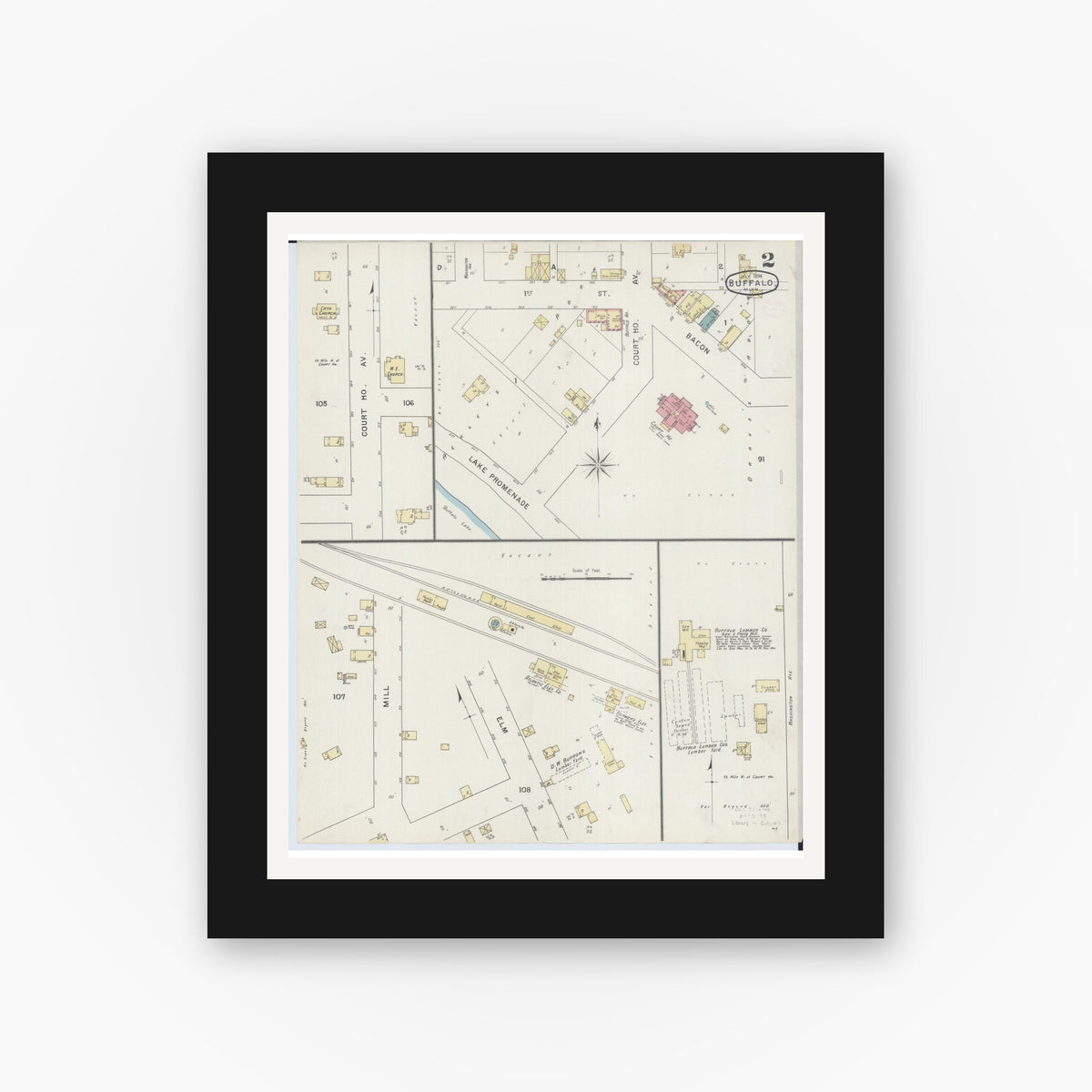 Old map wall art mockup — black gallery frame with white mat — Sanborn Fire Insurance Map from Buffalo, Wright County, Minnesota (1894), Sheet #0002