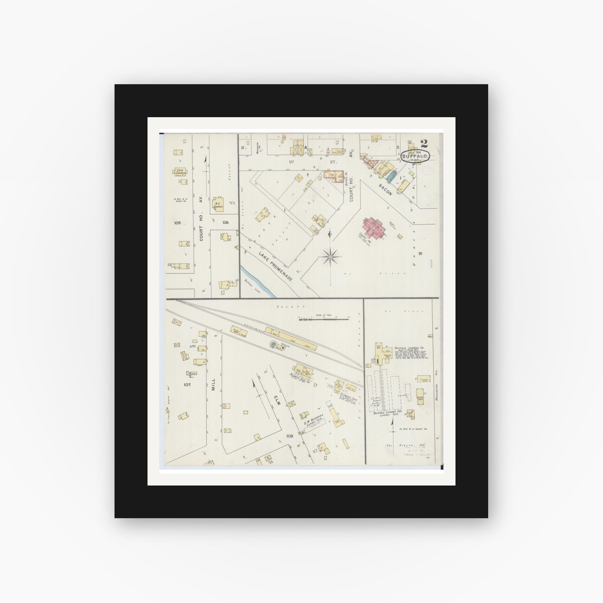 Old map wall art mockup — black gallery frame with white mat — Sanborn Fire Insurance Map from Buffalo, Wright County, Minnesota (1894), Sheet #0002
