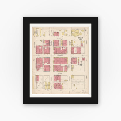 Old map wall art mockup — black gallery frame with white mat — Sanborn Fire Insurance Map from Mexia, Limestone County, Texas (1922), Sheet #0002