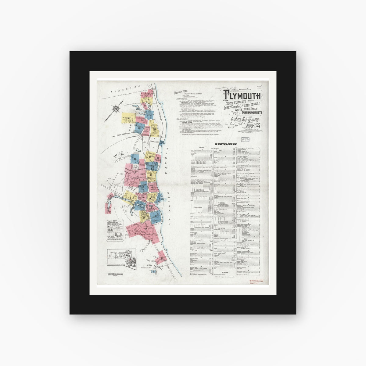 Old map wall art mockup — black gallery frame with white mat — Sanborn Fire Insurance Map from Plymouth, Plymouth County, Massachusetts (1927) - Complete Map Set
