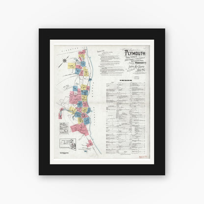 Old map wall art mockup — black gallery frame with white mat — Sanborn Fire Insurance Map from Plymouth, Plymouth County, Massachusetts (1927) - Complete Map Set