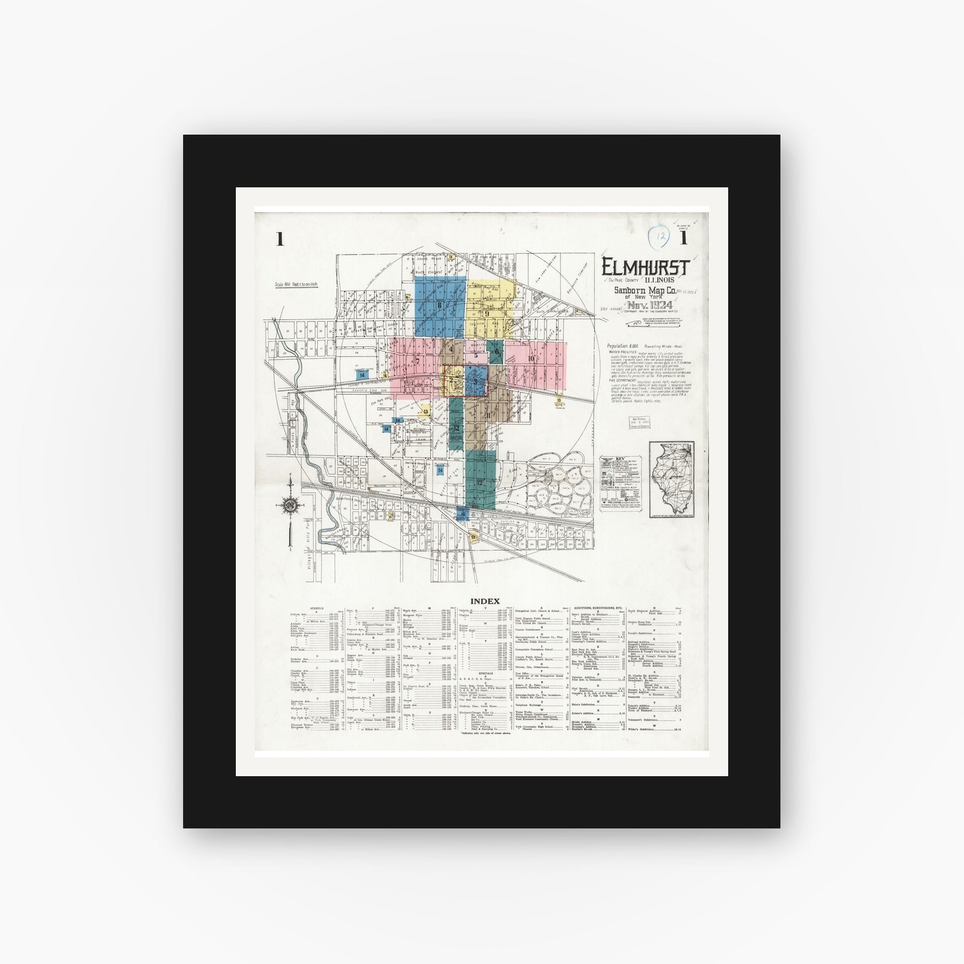 Old map wall art mockup — black gallery frame with white mat — Sanborn Fire Insurance Map from Elmhurst, Du Page County, Illinois (1924) - Complete Map Set