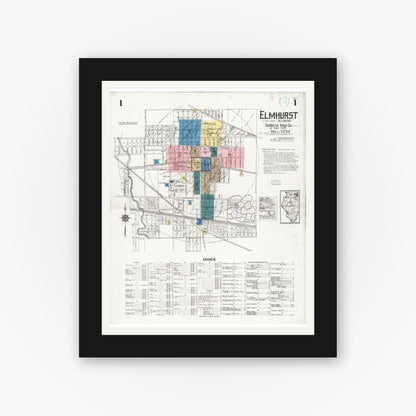 Old map wall art mockup — black gallery frame with white mat — Sanborn Fire Insurance Map from Elmhurst, Du Page County, Illinois (1924) - Complete Map Set