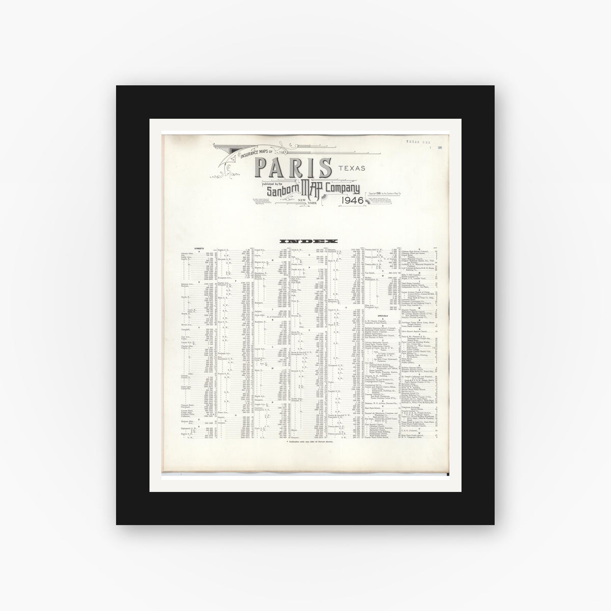 Old map wall art mockup — black gallery frame with white mat — Sanborn Fire Insurance Map from Paris, Lamar County, Texas (1950), Sheet #0001
